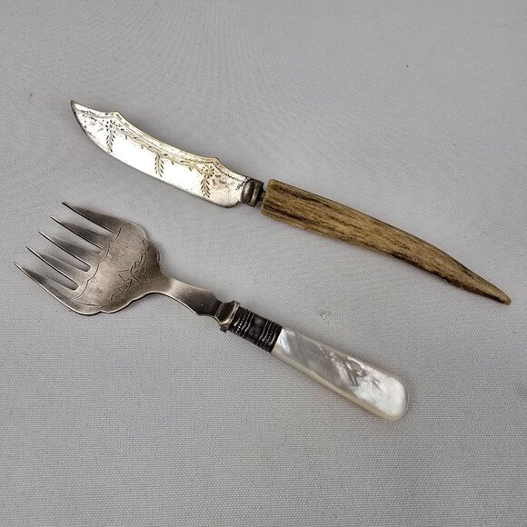 Vintage Horn Handle Abalone Schell Fork & Knife - Picture 1 of 16